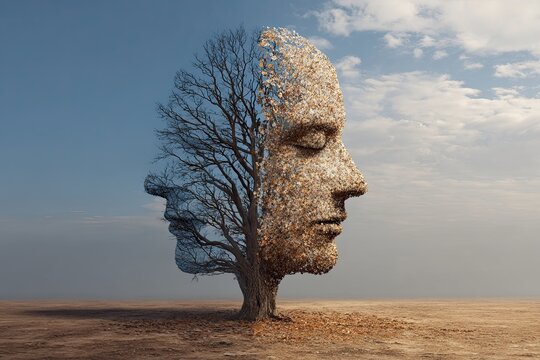 a tree in the shape of two human faces with one half empty branches and the opposite side full of leaves, as a medical metaphor for psychological contrast in feelings