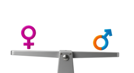 Isolated concept of gender equality showing female and male symbols on a balance scale