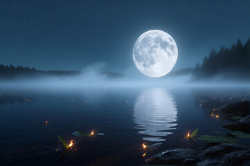 Full moon rising over misty lake with fireflies and glowing reflections at night