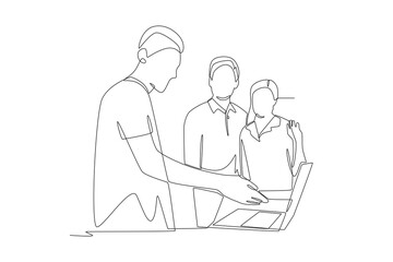 Couple looking at laptops in a store. Exploring laptops in store concept one-line drawing