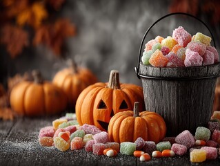 Halloween pumpkins filled with candy and gummy bears, decorated holiday bucket overflowing with treats against gray wall