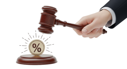 Isolated gavel about to strike percent symbol, concept of law, auction, and tax reduction
