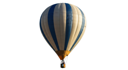 Isolated hot air balloon in mid air, colorful striped blimp with travel adventure basket