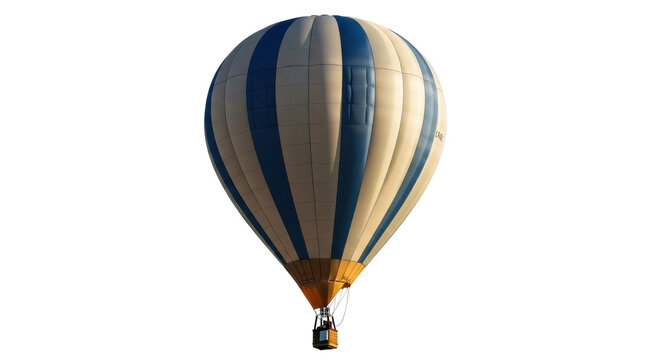 Isolated hot air balloon in mid air, colorful striped blimp with travel adventure basket