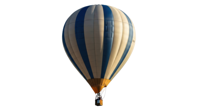 Isolated hot air balloon in mid air, colorful striped blimp with travel adventure basket