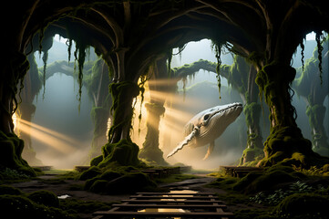 Surreal whale skeleton floating through ancient moss-covered cathedral with sunlight beams