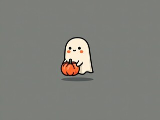 Cute cartoon ghost holding pumpkin, Halloween simple line art for t-shirt print, sticker, and holiday decoration on grey background
