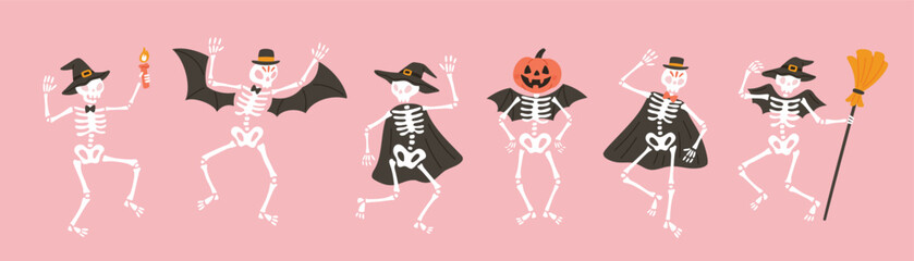 Cute dancing halloween skeletons in witch hats and capes on pink background