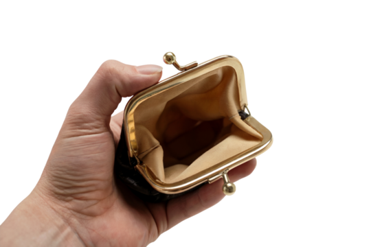 person holding an empty change purse. Isolated on transparent background, png