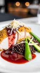 Exquisite Chicken Dish with Lentils and Green Beans on White Plate.