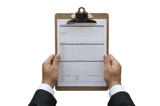  person holding a clipboard with paperwork. Isolated on transparent background, png