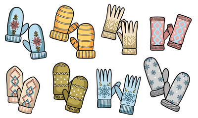 Knitted mittens collection. Hand drawn vector winter accessory elements set.