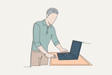 Colored man looking at laptop in store. Exploring laptops in store concept one-line drawing