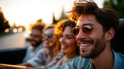Friends bonding during road trip in convertible car, wind and laughter, freedom and joy, travel together, carefree adventure, friendship and fun, candid travel photography, shared 