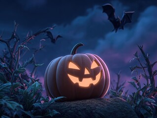 Glowing jack-o'-lantern with eerie smile against bat wings and thorns for Halloween game scene