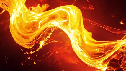 Imagine glowing molten glass-like fluid streaming dark background, merging, splitting, twisting fiery ribbons. Red yellow inner light lava energy flow. Dynamic hypnotic tech energy, branding visuals