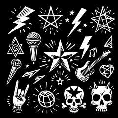 Rock & Roll Doodle Icons, dynamic set of white hand-drawn rock-and-roll illustrations on a black background, featuring lightning bolts, guitars, skulls, stars, and rebellious symbolic 