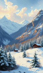Fototapeta premium Mountain landscape in oil paint. Pattern for printing on wall decorations, covers, calendars