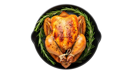 A perfectly roasted whole chicken, seasoned with herbs and spices, presented in a cast iron skillet, isolated on transparent background
