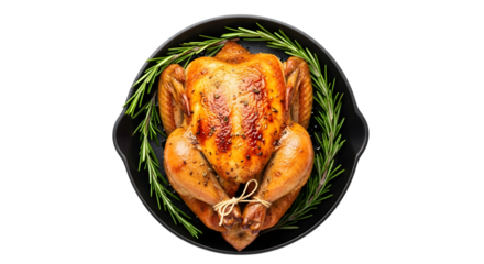 A perfectly roasted whole chicken, seasoned with herbs and spices, presented in a cast iron skillet, isolated on transparent background
