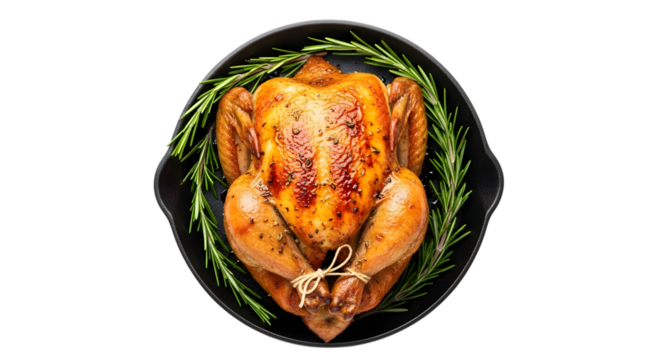 A perfectly roasted whole chicken, seasoned with herbs and spices, presented in a cast iron skillet, isolated on transparent background
