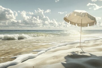 Relaxing beach scene with a sun umbrella on soft sand under a cloudy sky