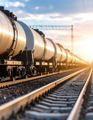 A long line of cylindrical train cars stretches down railroad tracks, illuminated by the golden light of the setting sun