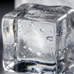Macro Shot of a Clear Ice Cube with Bubbles and Cracks.