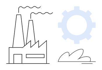 Factory with two smokestacks and gear representing production, efficiency, or industry. Includes a minimalist bush. Ideal for industrial process, manufacturing, engineering, automation, innovation