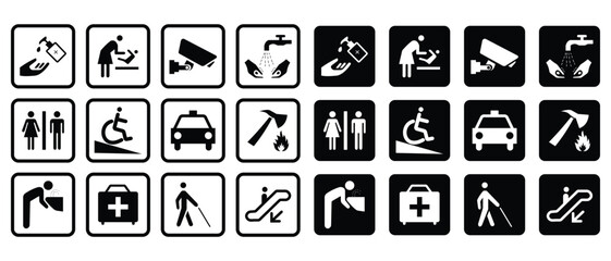 Public sign symbol, service symbol icons, woman sign concept, hand wash, cctv camera, car driving, first aid box and more collection. Vector illustration.