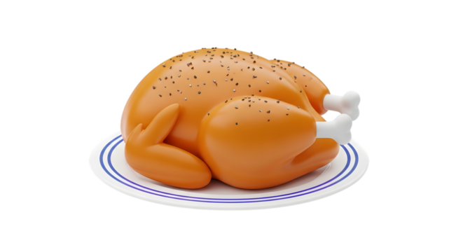 A whole roasted chicken seasoned with pepper, presented on a white plate with blue trim, isolated on transparent background