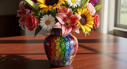 Colorful Floral Arrangement in a Rainbow Vase on Wooden Table.