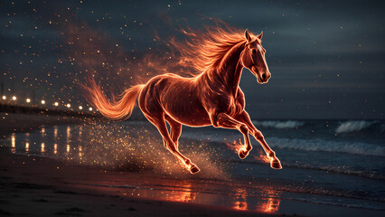 a powerful, slender fiery horse gallops along the sea coast, sparks fly in different directions. concept symbol of 2026 according to the Chinese calendar.