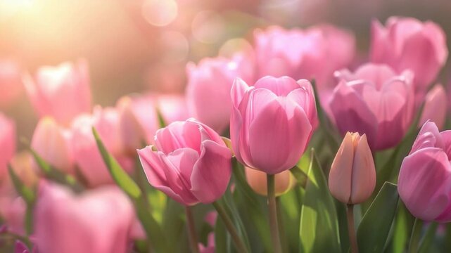Video A vibrant display of pink tulips growing in a lush green field