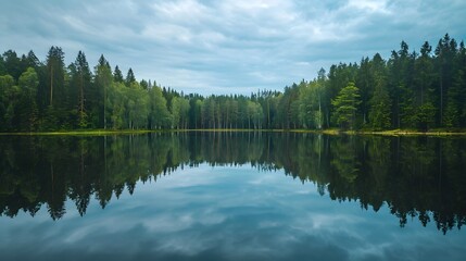 Obraz premium Tranquil forest lake with mirror-like reflections under a soft overcast sky