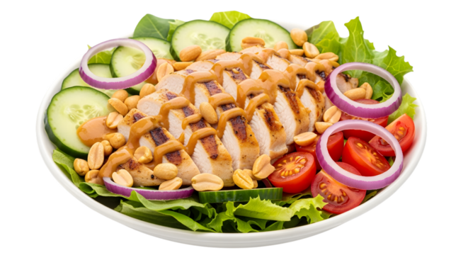 A delicious grilled chicken salad with fresh lettuce, sliced cucumbers, cherry tomatoes, red onion rings, and peanuts, drizzled with a light dressing, isolated on a transparent background