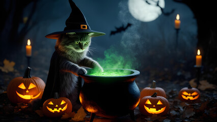 a gray cat in a witch costume brews a witch's potion