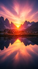 Majestic Mountain Reflection - A Vibrant Sunset Over Serene Waters.