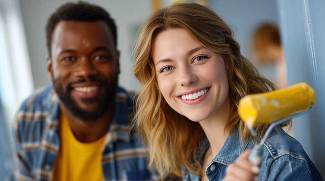 Couple painting wall together in new home, smiles and teamwork, creativity and progress, relationship goals, domestic life, unity and collaboration, new beginnings, joyful couple l - Powered by Adobe