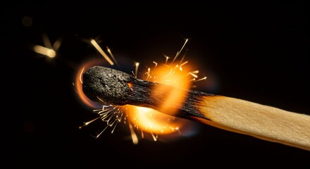 Burning Matchstick with Sparks Flying in Darkness