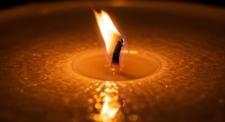 Close Up of Burning Candle Flame on Melted Wax Surface in Warm Light