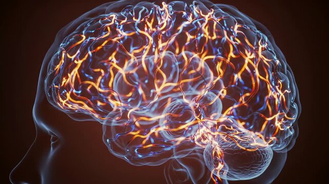 Detailed 3D anatomical view of a human brain with glowing vessels