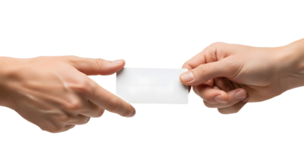 Two Hands Exchanging Blank Business Card Symbolizing Professional Connection Networking Introduction or Corporate Identity Exchange, png