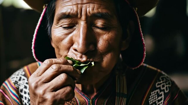 Elder tribal man chewing coca leaf traditional ritual in an indigenous ceremony, ancient culture and tradition footage.