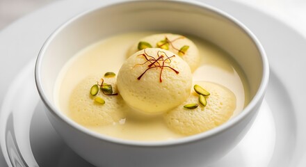 Rasmalai sweet cheese dumplings soaked in saffron milk traditional Indian dessert pistachios garnish white bowl