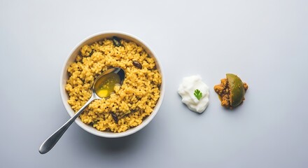 Overhead view of Masala Bhaat, savory Indian rice dish, served in white bowl with spoonful of ghee, accompanied by fresh plain yogurt and mango pickle, clean white background, studio shot