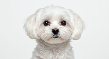 Cute White Maltese Puppy Facing Forward on Plain White Background