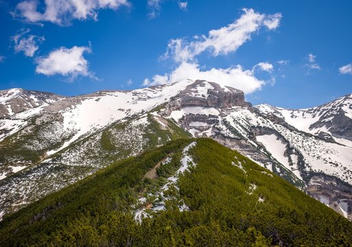 National park of Majella, Italy - Mountain summits in the Majella range, central Italy, Abruzzo region, with characteristic landscape of rocky expanses between valleys and plateaus.