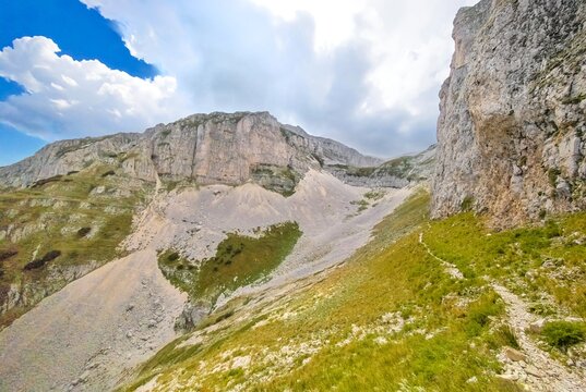 National park of Majella, Italy - Mountain summits in the Majella range, central Italy, Abruzzo region, with characteristic landscape of rocky expanses between valleys and plateaus.
