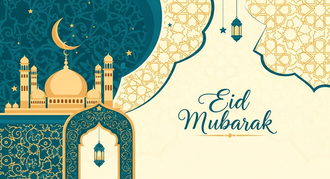 An elegant eid mubarak background featuring a mosque, crescent moon, and intricate islamic patterns, perfect for creating festive greeting cards and social media posts - Powered by Adobe
